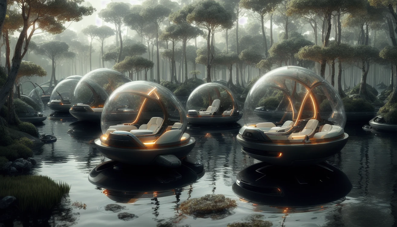 sci-fi, futuristic small sphere boats in a large lake, organic shape, super gloss material, neon light, forest background, mist, wide view, masterpiece

