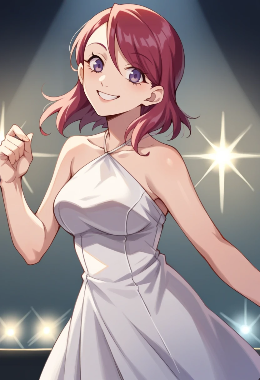 score_9, score_8_up, score_7_up, source_anime BREAK 1girl, solo, mihop2, medium hair, crimson hair, white halterneck dress, cowboy shot, looking at viewer, <lora:zs_MihoXL:1> stage, concert, smile, on stage