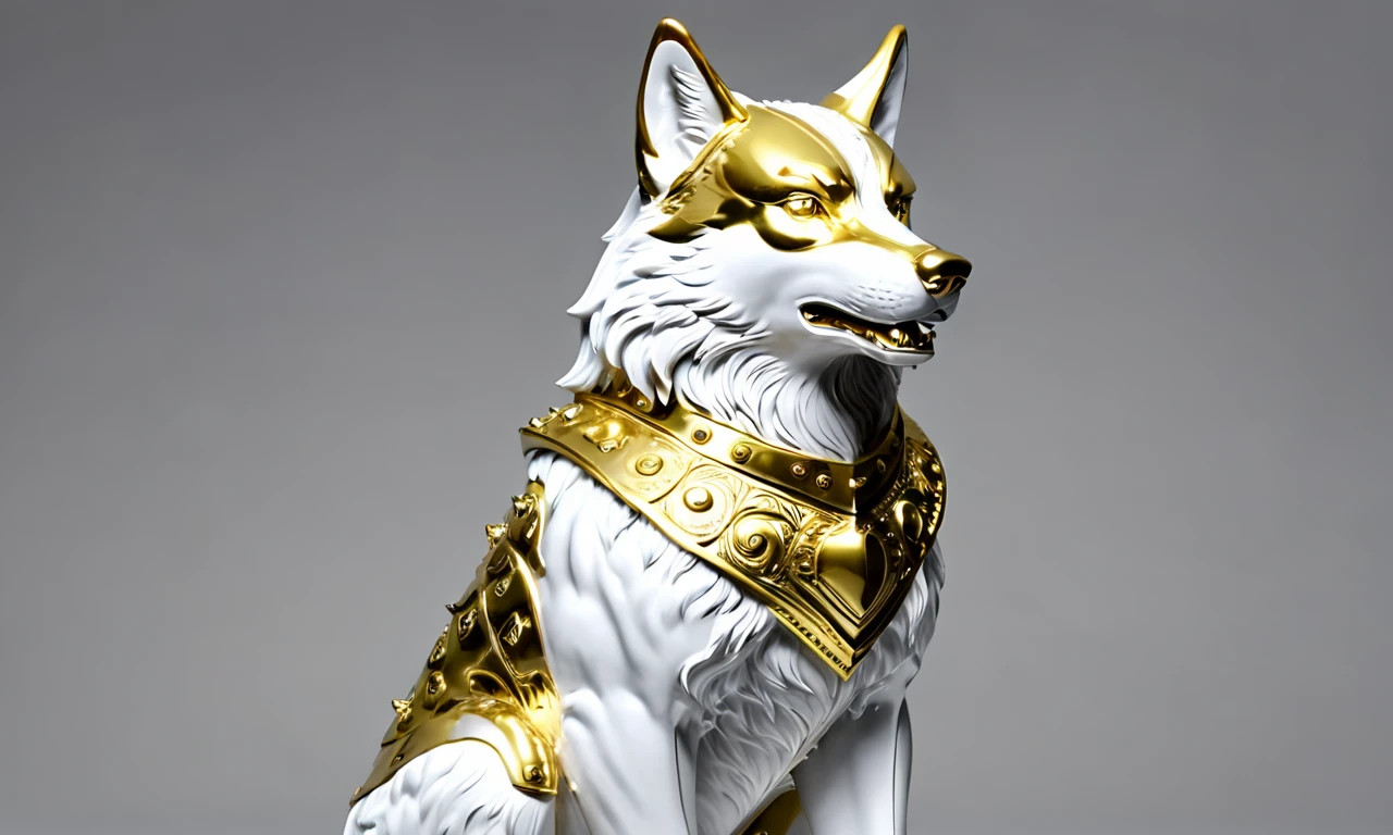 a statue of an armored wolf, best quality, masterpiece,  <lora:cstatuesdxl:0.8>, cstatuesdxl, white and gold,gold armor, collar, spike