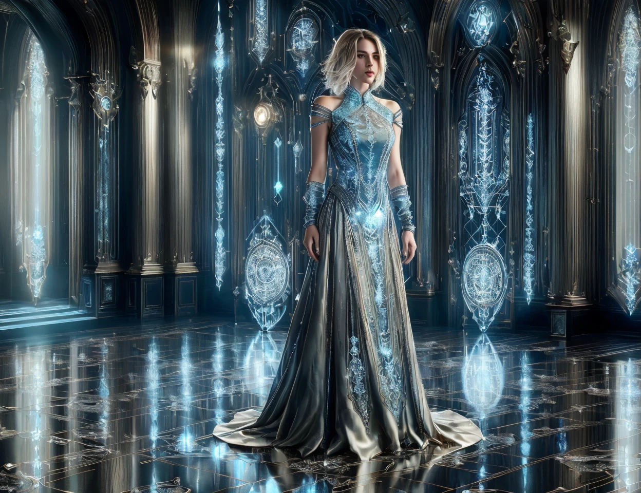 masterpiece, awesome quality, cinematic lighting, detailed, DonMT3chC057ruc7s relaxed upper body clothing, scoop neck, sonic soundwave nanomesh, cowhide pattern, flutter sleeves, floor-length, natural waist, lace-up back, , <lora:DonMT3chC057ruc7s:1>