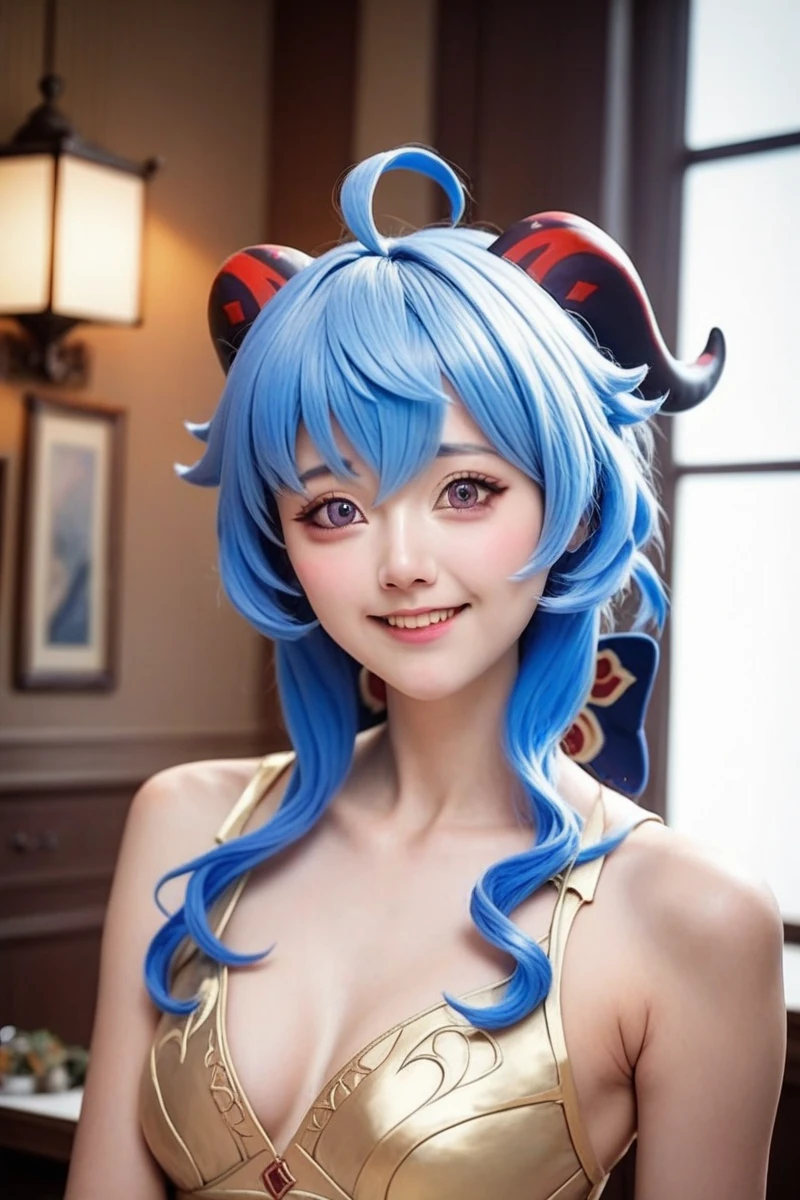 Pozitive_Pony_zPDXL, score_9, score_8_up, score_7_up, score_6_up, masterpiece, ultra detailed, high quality || 1girl, <lora:seeu:1.2> seeu, cosplay, 1girl, looking at viewer, solo, smile, black hair, shy, indoors, ganyu \(genshin impact\), blue hair,