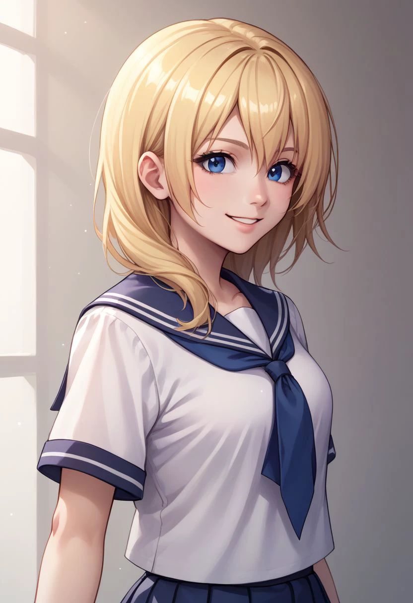 score_9, score_8_up, source_anime, highly detailed, 1girl, 
namine, 1girl, solo, blonde hair, blue eyes, smile, upper body, school uniform, skirt, standing,