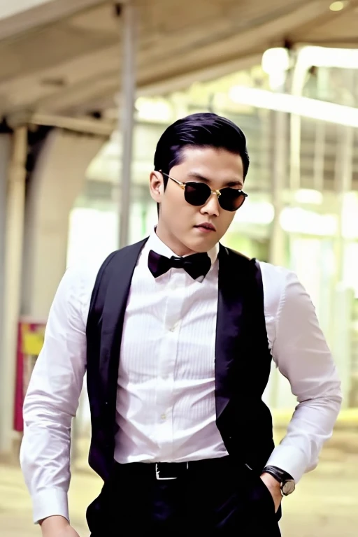 beautiful photo, take a photo, solo, shirt, black hair, 1boy, standing, male focus, necktie, pants, vest, sunglasses, formal, suit, kooo123, <lora:PSY_GA_STYLE_v1:0.8>