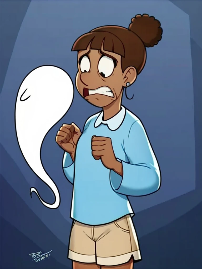 score_9, score_8_up, score_7_up, score_6_up, score_5_up, score_4_up, 1girl, source_anime, marsha_bunnicula, hair bun, blue collared shirt, long sleeves, tan shorts, standing, scared, dark room, ghost, detailed face, detailed eyes, detailed background, flat color, <lora:marsha-v1:1>