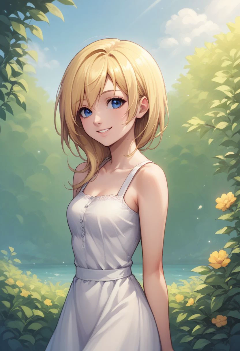 score_9, score_8_up, source_anime, highly detailed, 1girl, 
namine, 1girl, solo, blonde hair, blue eyes, dress, smile, upper body, sundress,