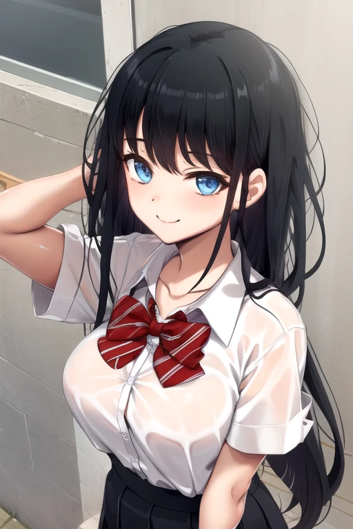 ((masterpiece)),(best quality),official art,extremely delicate and beautiful,extremely detailed CG,unity 8k wallpaper,ultra detailed,beautiful detailed eyes,extremely detailed face,outdoors,1girl,solo,upper body,(portrait:1.5),looking at viewer,facing viewer,smile,(petite:1.2),Chitose Mayu,very long hair,black hair,straight hair,sidelocks,bangs,blue eyes,collarbone,school uniform,white shirt,collared shirt,dress shirt,red bowtie,striped bowtie,huge breasts,short sleeves,sleeves rolled up,shirt tucked in,miniskirt,black skirt,pleated skirt,black pantyhose,loafers,brown footwear,<lora:Chitose Mayu(iq)>,