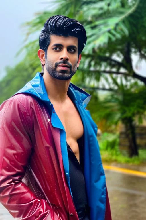 sendhil ramamurthy a man <lora:Namik-Paul_Sendhil-Ramamurthy:1>, wearing a rain coat, crop top, city street, bokeh, rainy day
