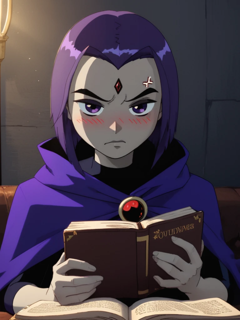 score_9, score_8_up, score_7_up, volumetric lighting,
raven, 1girl, solo, blush, short hair, holding, purple eyes, purple hair, cape, book, colored skin, anger vein, holding book, open book, reading, grey skin, forehead jewel
<lora:teentitans_pony_v1:0.6>