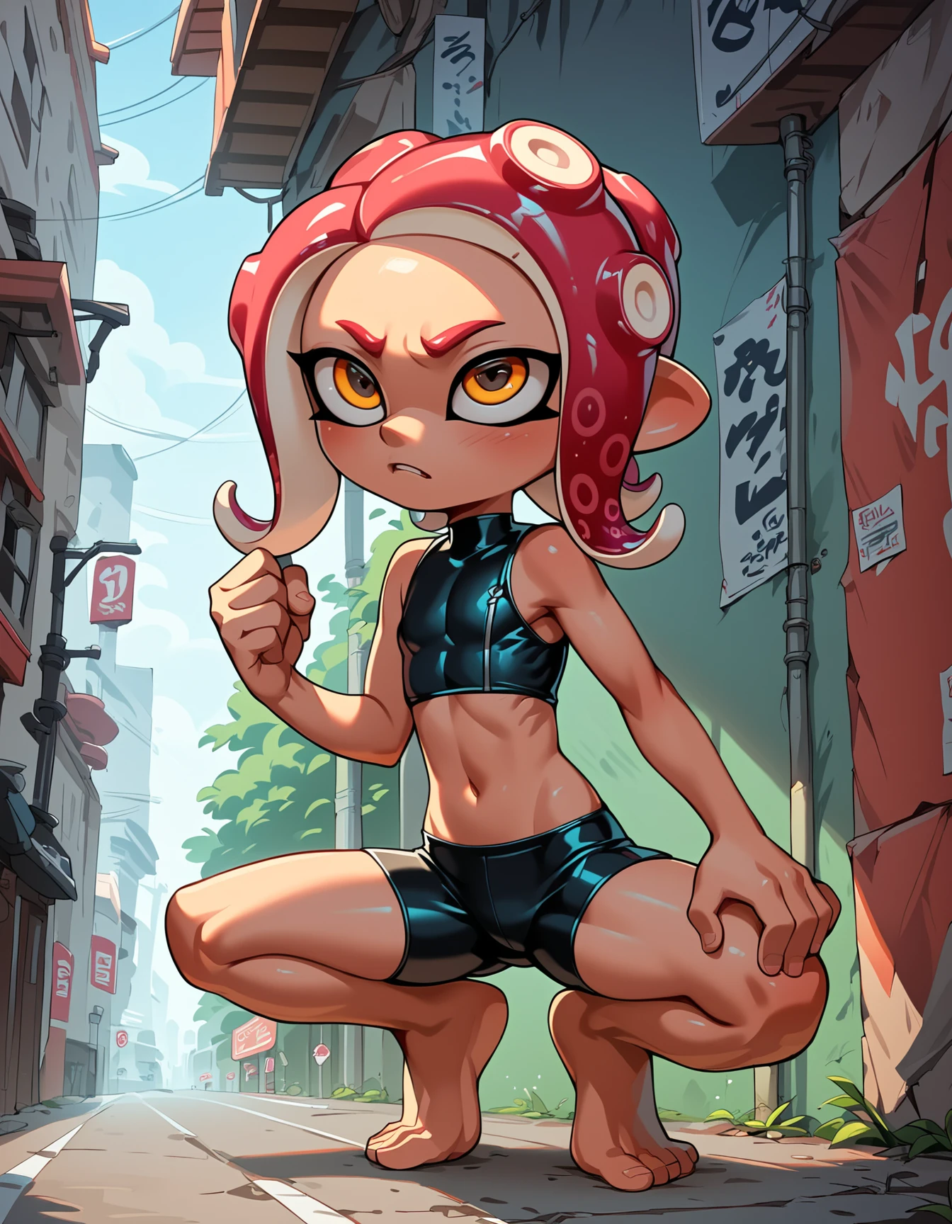 score_9, score_8_up, score_7_up, score_6_up, score_5_up, score_4_up,  
source: illustration,
agent,squatting, orange eyes, sports bra,octarian,yellow eyes, 
octoling, agent 8, wearing juggling fish, with a bustling city street in the background, creating a humorous and light-hearted atmosphere. Presented in Comic Book style, with vibrant colors and exaggerated expressions.
