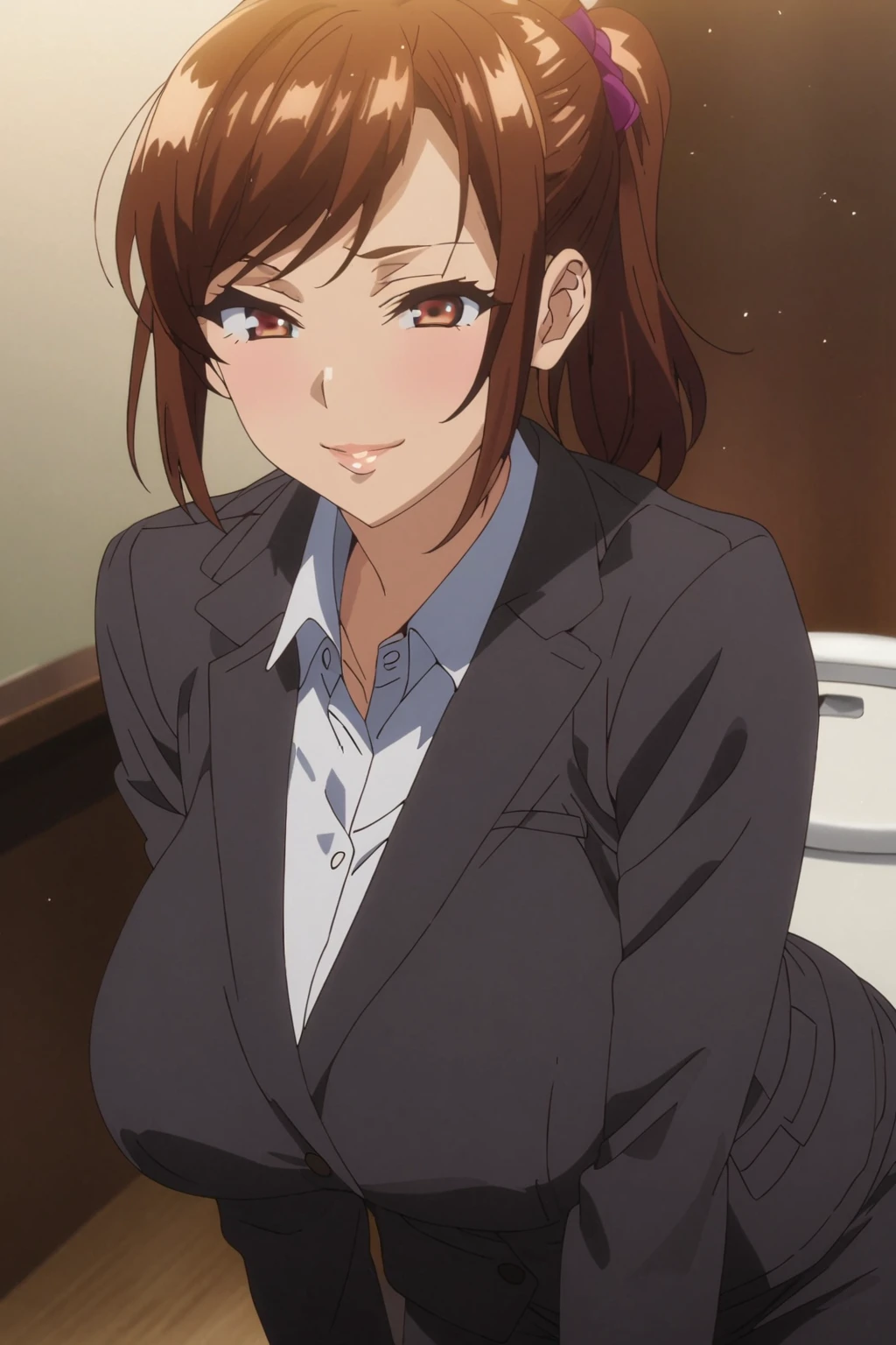 (masterpiece, best quality:1.2), 1girl, day, looking at viewer, ponytail, brown_hair, Bangs, brown eyes, short hair, milf, smile, horny face, half-closed eyes, 

portrait, office suit, woman, full body, shoulder, waist, hands, hips, 

anime screencap, high quality anime 2d color, 2d, Accurate describe shapes, beautiful face, expressive eyes, flat, (plain anime style), natural lighting, light particles, cinematic angle, (masterpiece), (best quality), (ultra-detailed), very aesthetic, illustration, perfect composition, intricate details, moody lighting, light rays, simple toilet background, depth of field, cowboy shot, cinematic angle, establish,
