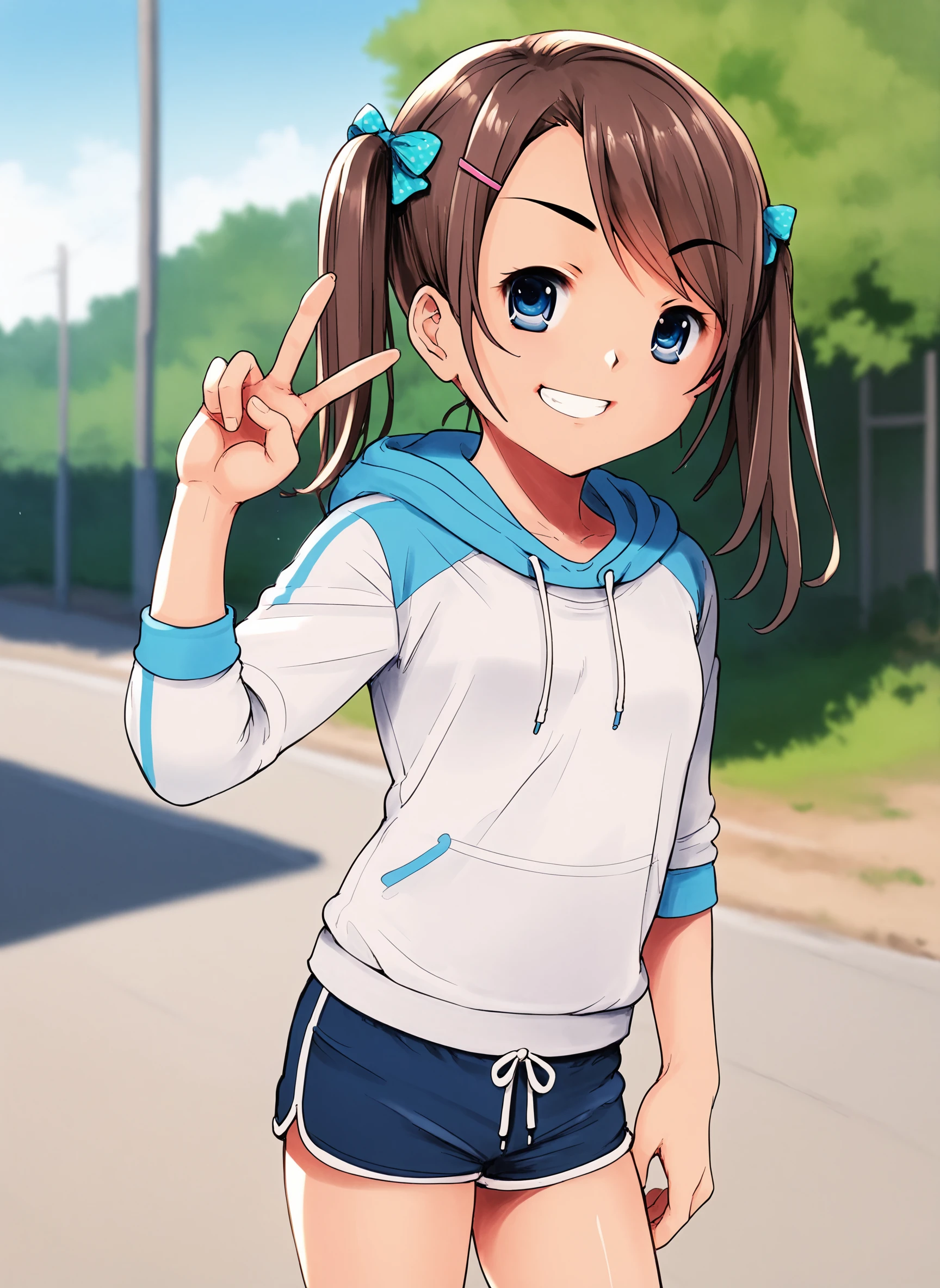 score_9,score_8_up,score_7_up, chikusan_style,
1girl, solo, shorts, brown hair, hair ornament, ribbon, twintails, blue eyes, hairclip, hoodie, raglan sleeves, grin, standing, v, outdoors
<lora:chikusan_pdxl3:1>