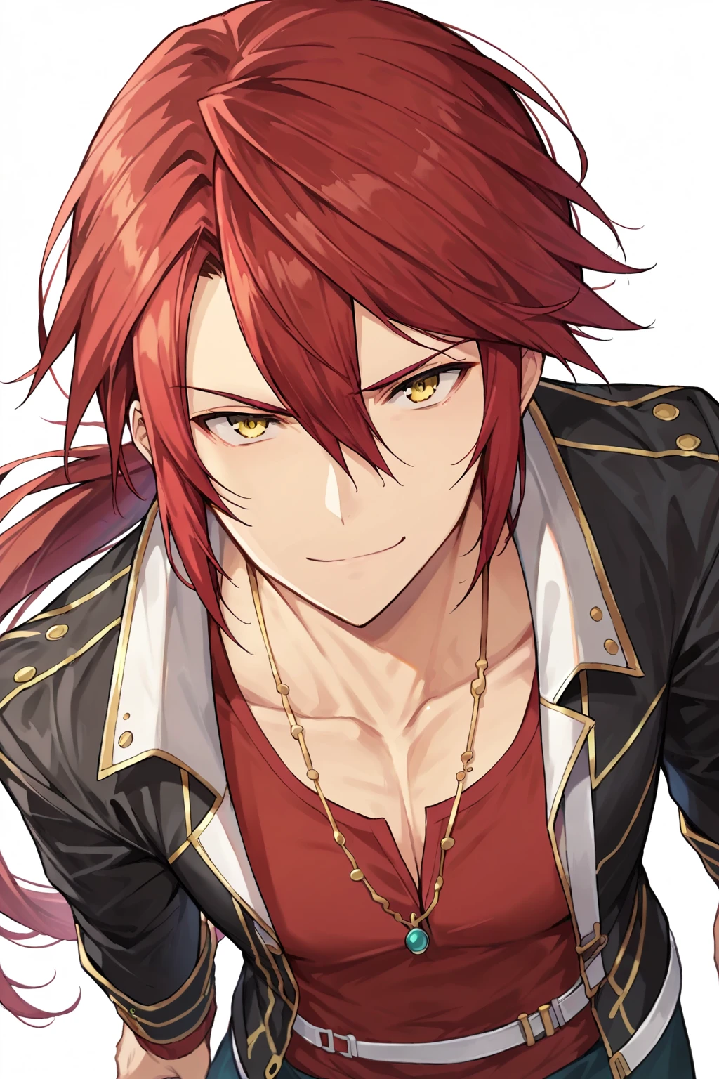 score_9, score_8_up, score_7_up, aaron wei, 1boy, solo, red hair, hair between eyes, ponytail, yellow eyes, black and golden jacket, red shirt, necklace, white belts, orange pantsl, smug, looking at viewer, from above, far shot, white background,towa herschel