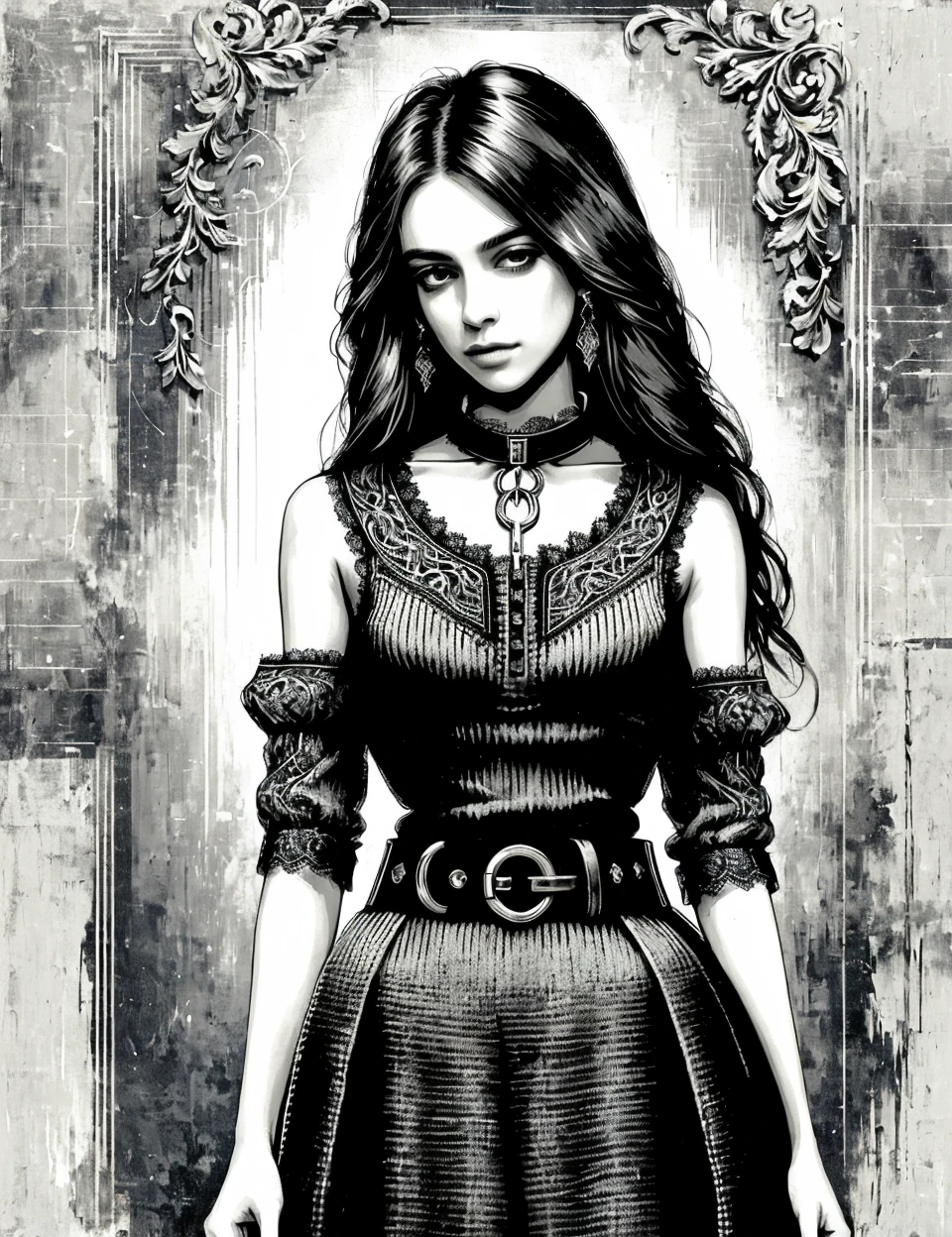 masterpiece illustration, detailed,DonMB14ckB377y tailored upper body clothing, henley neck, quantum-stitch knit, organza, flutter sleeves, floor-length, empire waist, lace trims,,waistband,,belt,,keyhole back,,logo placement <lora:DonMB14ckB377y:1>