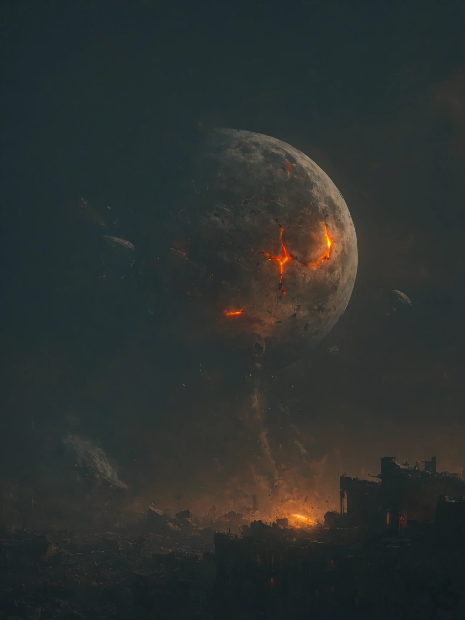 (at night), standing in a devastated and abandoned city, (apocalyptic city foreground), looking up at the sky, the shattered_moon broken by war hangs large in the night sky, <lora:Wolvie_ShatteredMoon_XLv1.1_r1:1>, <lora:MJ52:0.5>, <lora:great_lighting:1> great lighting, textured, luminism, ultra highly detailed, 32k, fantastic realism, complex background, dynamic lighting, highly detailed, intricate, precise details, (balanced center composition, :0.1),