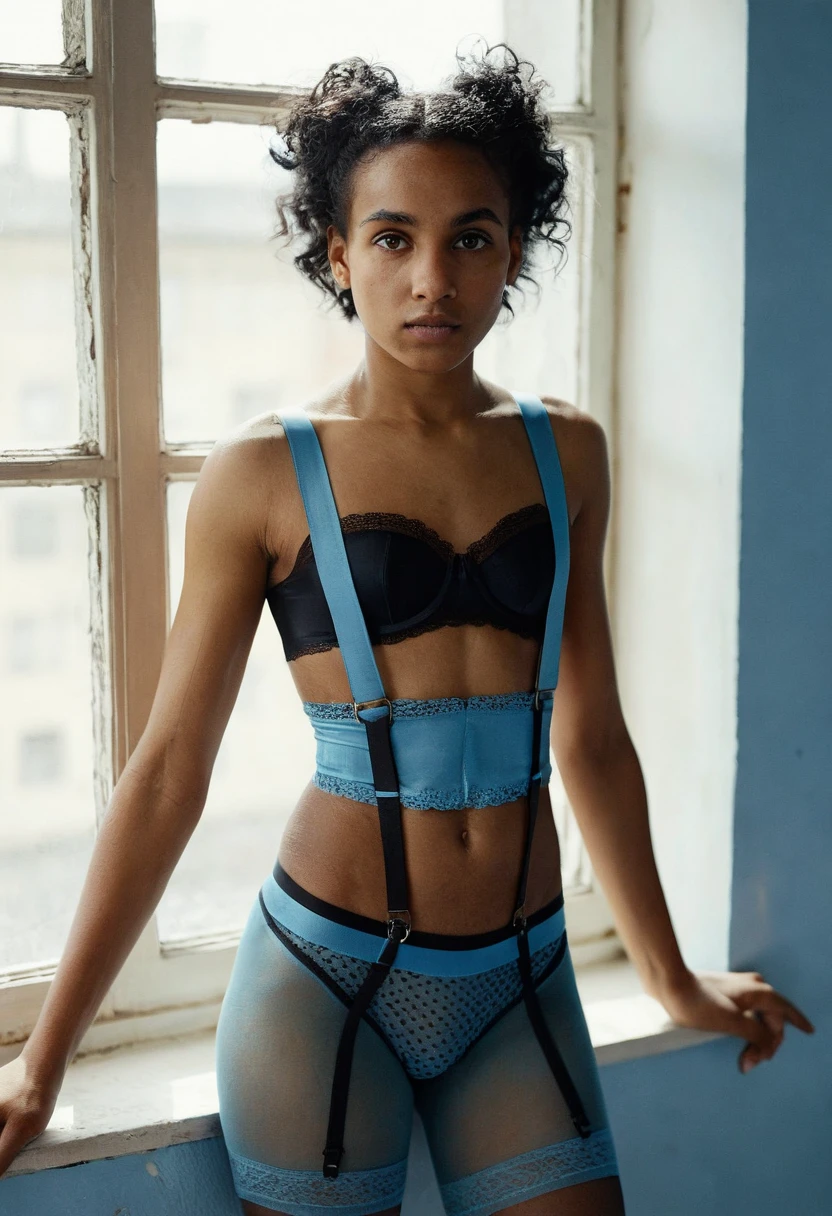 (full body view:1.2), (Noomi Rapace:0.2) (person:0.8), professional photography by Alex Webb and Steve McCurry, natural skin, (skin blemishes:0.05), real skin texture, a ((cute slander)) alluring black girl, wearing sexy micro low waist elastic waistband underwear, very short publc hairs, blue silk suspender belt, pantyhose, sided buns haircut, (strong analog film grain:1.1), detailed realistic flawed skin texture , 8K, pale blue background, window light, modern vintage setting