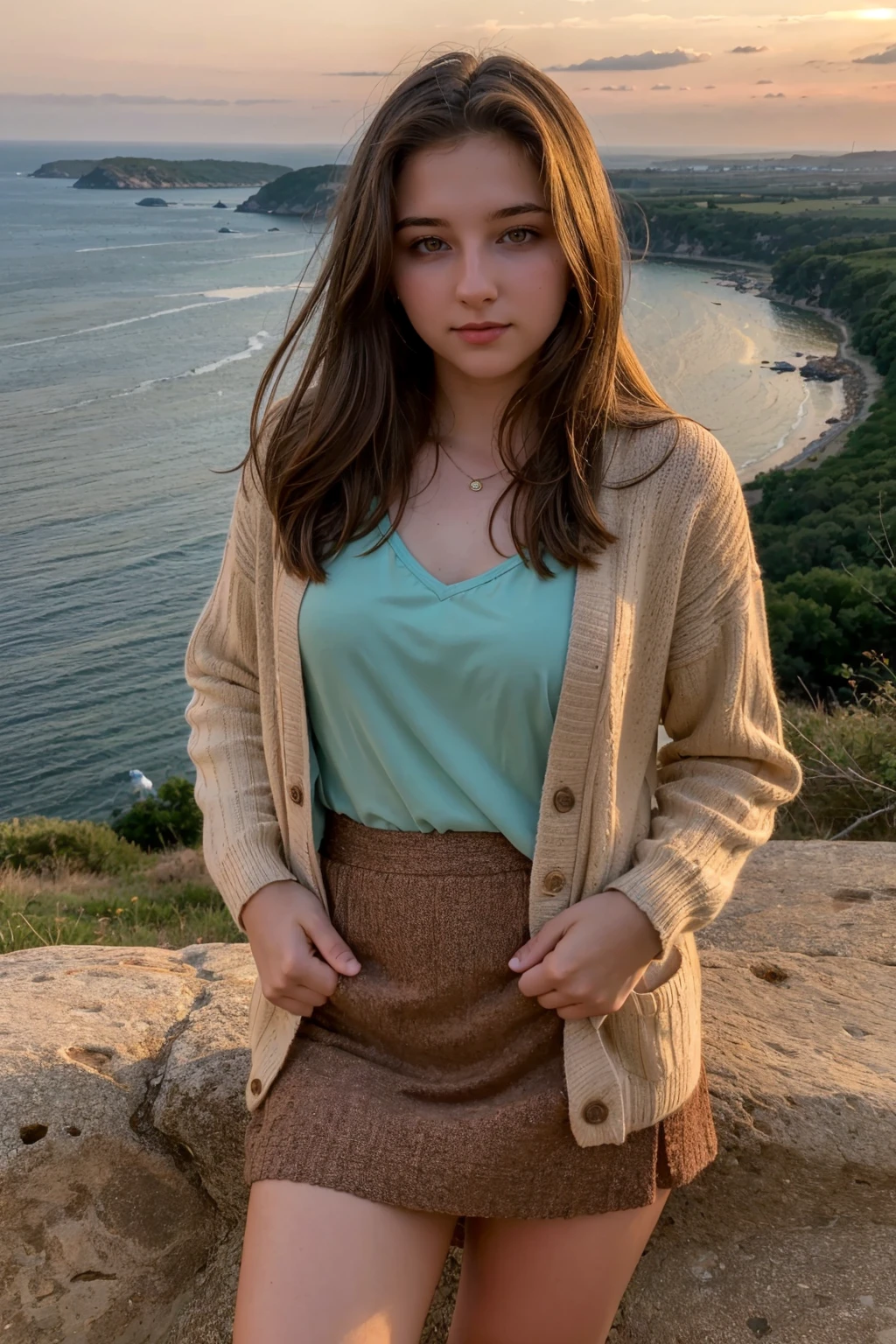 a portrait (upper body) photograph of (1girl, 21 years old), <lora:ZH_AftynR_v1:1>, zh_aftynrn0rmal, solo, realistic, brown hair, brown eyes, looking at viewer, long hair, wearing (cardigan, top and flair skirt)