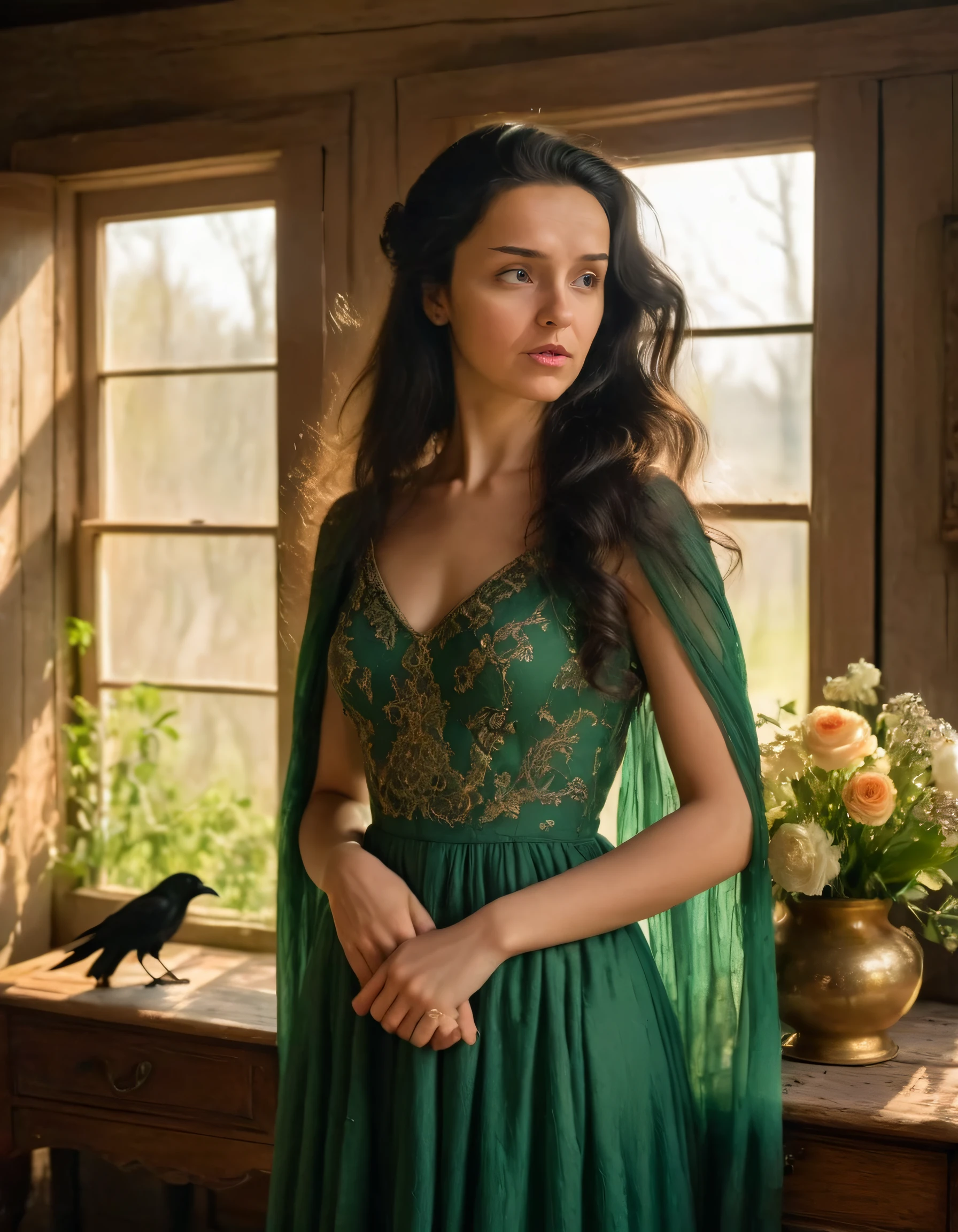 In this stunning photograph, an elegant enigmatic woman with raven hair and captivating emerald eyes gracefully stands in the midst of a rustic farmhouse, her timeless beauty radiating against the warm golden light that floods through the sun-drenched windows; donning a delicate vintage gown crafted by Anyutkinaa, she effortlessly blends with the antique furniture and vintage accessories while her subtle movement of fabric is accented by the lush flowers that surround her. With poise in her gaze and expression, this woman conveys an emotional depth and vulnerability that transcends the boundaries of space and time, inviting us to marvel at her enduring allure. anyutkinaa <lora:imnivu18fa56ff1d1raa5:1>