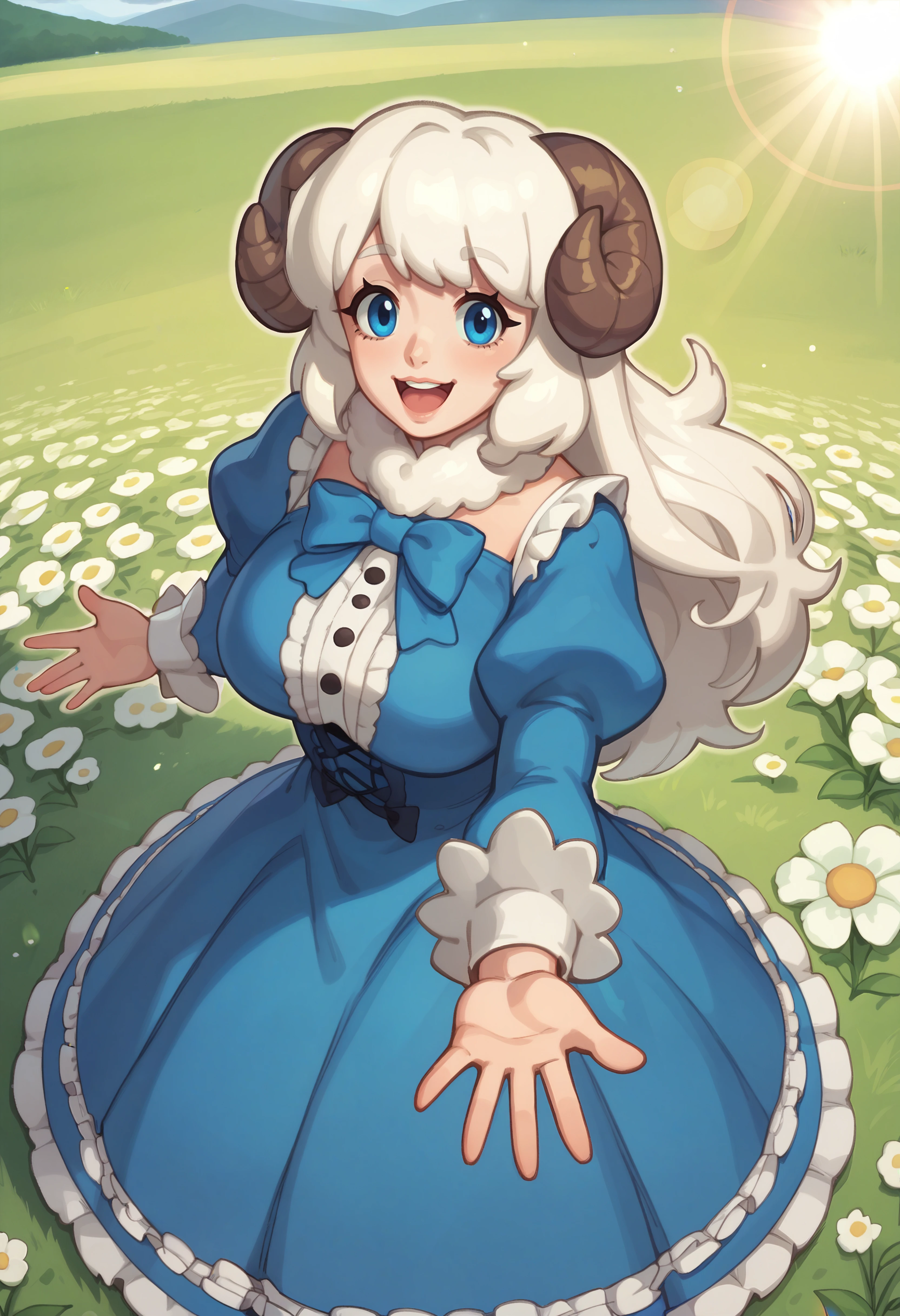 score_9, score_8_up, score_7_up, score_6_up BREAK solo,outdoors,field,flowers,sunbeam,sheep girl,neck tuft,white hair,sheep horns,blue eyes,blue dress,frills,puffy sleeves,ribbons,bowtie,long hair,lens flare,from above,happy,reaching towards viewer,mature female,milf