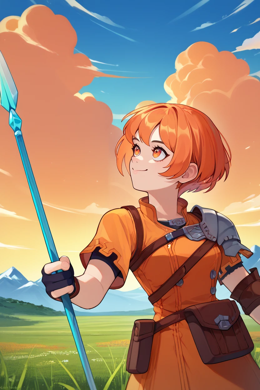 score_9, score_8_up, score_7_up, score_6_up, source_anime, BREAK 1girl, <lora:leonie-pdxl-nvwls-v1-000005:1> hopesLeonie, short hair, single shoulder pad, orange hair, orange eyes, orange dress, short sleeves, short dress, black gloves, fingerless gloves, elbow pad, pouch, field, holding spear, looking up, smile, blue sky, clouds, mountains, from side, closed mouth, happy