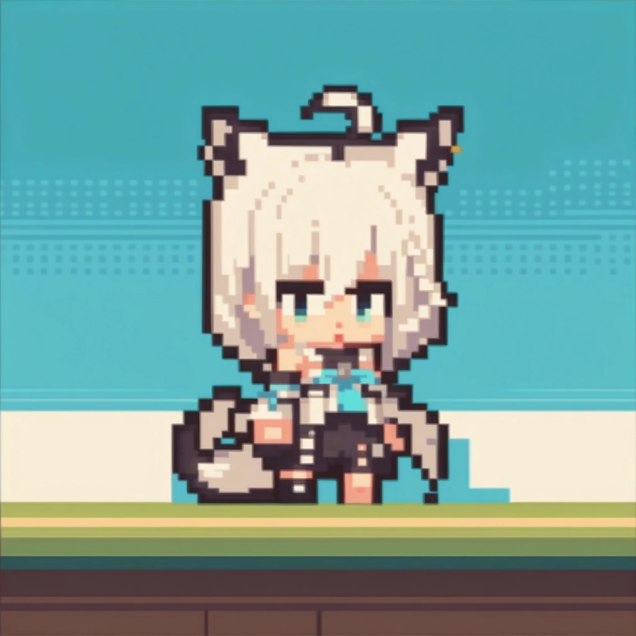 score_9, score_8_up, score_7_up, source_anime, chibi, pixel art, full body, <lora:ChibiPixelArt_XLPD:1>, <lora:shirakami_fubuki_sdxl_pony-4:0.8>, fubuki_base, white blouse, detached sleeves, black shorts, blue neckerchief, thigh strap, single thighhigh, white hair, single side braid, ahoge, piercing, fox tail,