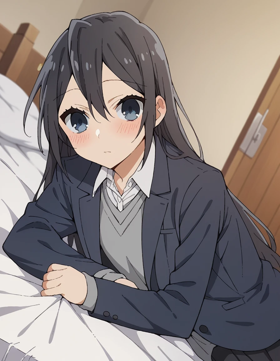 score_9, score_8_up, score_7_up, source_anime,
honokasawada, <lora:honoka-sawada-s2-ponyxl-lora-nochekaiser:1>,
honoka sawada, long hair, blue eyes, black hair, hair between eyes,
shirt, school uniform, jacket, collared shirt, blazer, sweater, grey sweater, white shirt, black blazer, skirt, black skirt,
indoors, bed, bed room, on side, blush, drunk,
cowboy shot, looking at viewer, solo, dutch angle,