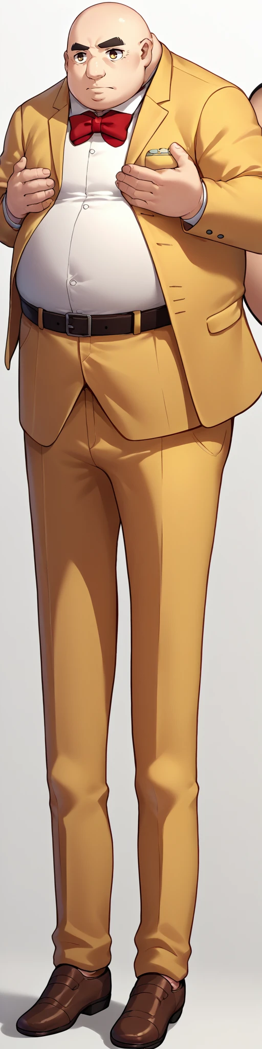 score_9, score_8_up, score_7_up, source_anime, IncrsXLLCM, full body, <lora:LongCatMeme_XLPD:1>, chibi, holding person, <lora:p5kobayakawa-pdxl-nvwls-v1:0.8> p5principal, fat man, obese, bald, yellow jacket, formal, white shirt, red bow tie, belt, yellow pants, brown shoes