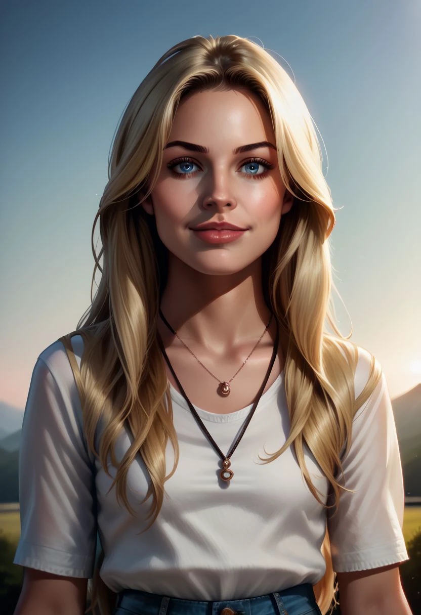 syblz style, 1girl, solo, jewelry, denim, realistic, jeans, pants, long hair, blonde hair, shirt, necklace, ring, bracelet, white shirt, lips, looking at viewer, blonde hair, hazel blue eyes, mini smile, straight on, sky, day, natural lighting, atmospheric lighting,  shallow dof,  zPDXL2