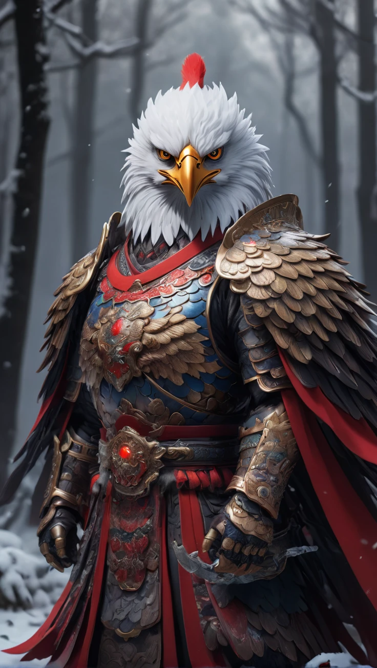 XCYP,<lora:é²åä¸æ´¾@ä¸­å½ç¥å½XL:0.8>,Chinese Divine Beast, the mighty and strong anthropomorphic Eagle King is dressed in gorgeous Hanfu and armor, gluttonous pattern heavy armor and red cloak, with a glowing red magic array behind him, holding a weapon standing in the dark forest, snow, detailed, realistic, highly detailed, 32K UHD, ultra-high resolution, best quality, masterpiece