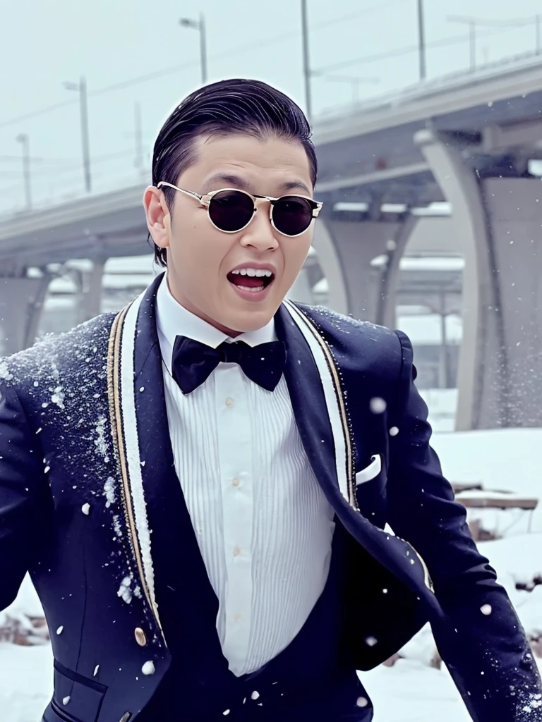 beautiful photo, take a photo, solo, open mouth, simple background, shirt, 1boy, bow, jacket, upper body, white hair, male focus, glasses, bowtie, black bow, facial hair, formal, suit, snow, black bowtie, mustache, realistic, traditional bowtie, kooo123, <lora:PSY_GA_STYLE_v1:0.8>