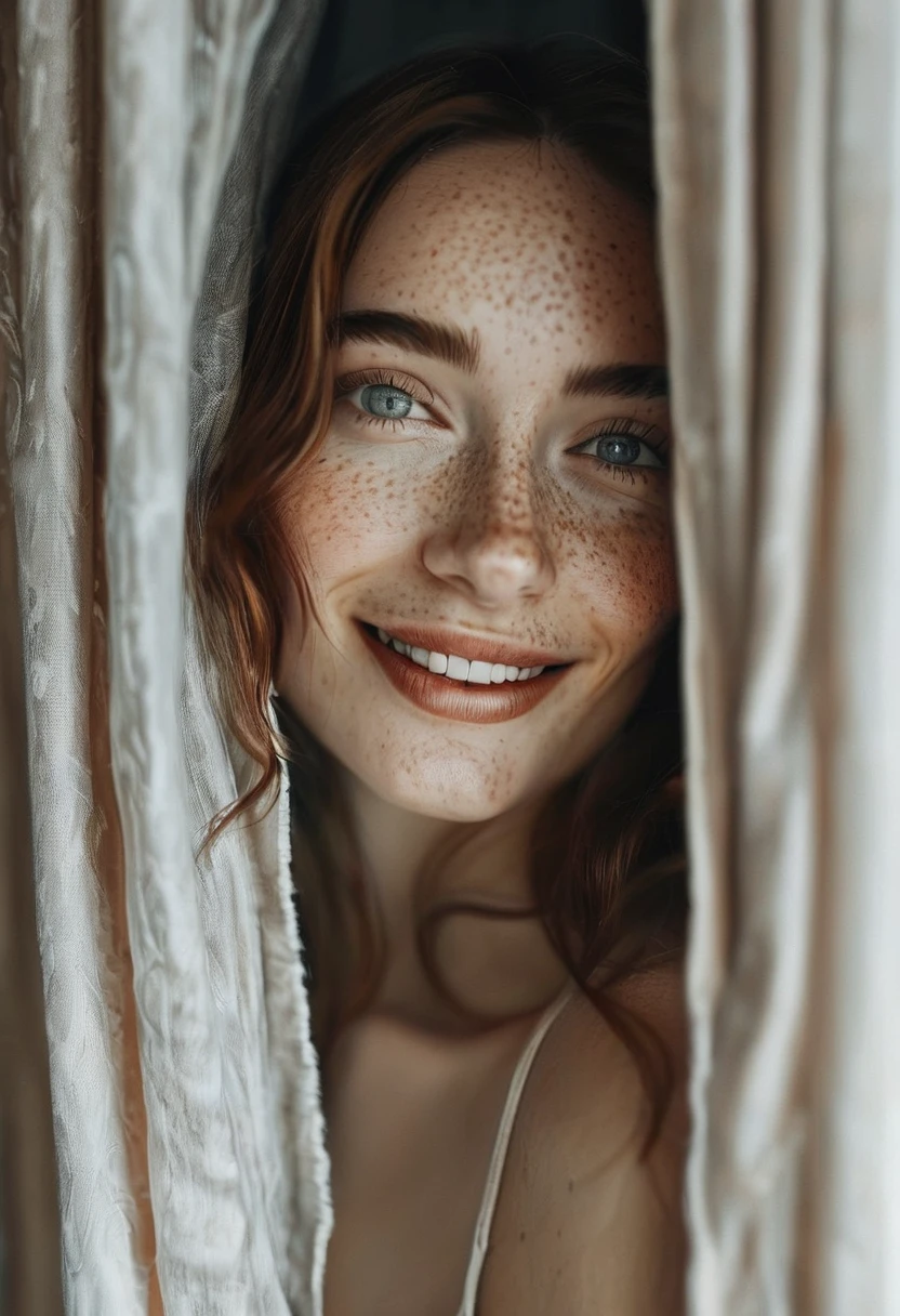 photography, cinematic, a smiling woman with freckles is standing near a curtain smiling at the camera
 highly detailed, very realistic   <lora:potrait-woman-chery-step00001200:0.7>