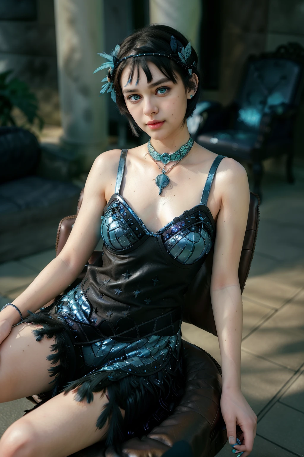 1920s Fashion, professional photo of teen 19yo girl in light blue and black intricate detailed decorative sequin dress with feathers, hair decoration, short hair, 4k, 8k, high quality, perfect lighting, detailed face and detailed eyes, skin detail,  solo focus, photography raw, (sitting in classic leather chair outside mansion), perfect lighting,  clean smooth skin, full body, looking at camera, detailed eyes, pretty face, sitting,   <lora:1920s-000002:0.7>, ((sadie, piper, olivia face:1.3))photoshoot,