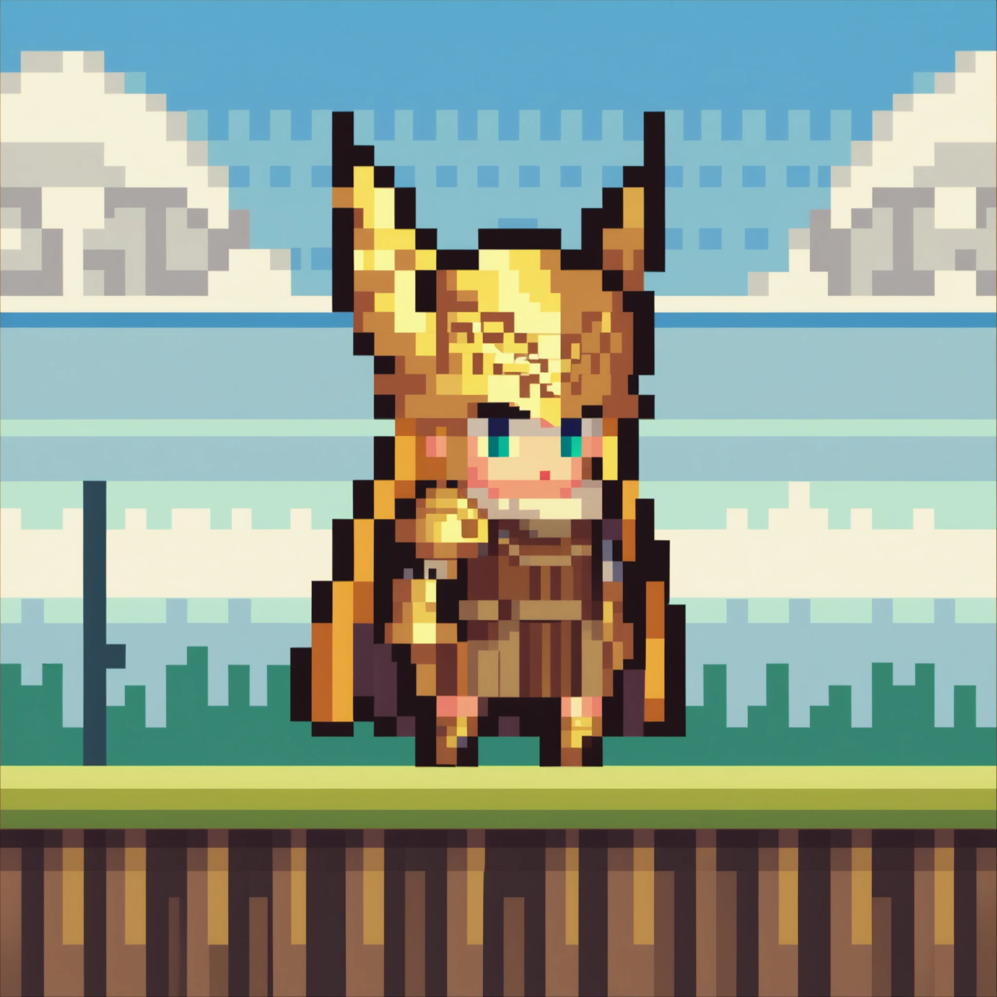 score_9, score_8_up, score_7_up, source_anime, 1girl, chibi, pixel art, full body, <lora:ChibiPixelArtV2_XLPD:1>, <lora:Malenia_XLPD:1> MaleniaDef, armor, cape, winged helmet, brown dress, prothestic leg, single mechanical arm, prosthesis, mechanical leg, outdoors,