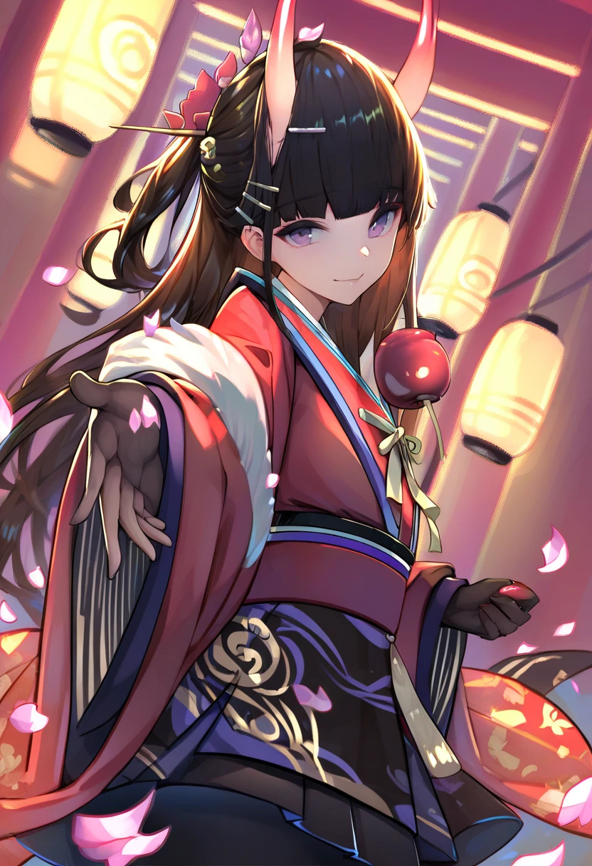 score_9, score_8_up, score_7_up, score_6_up, <lora:nekojiraXL_P6_lokr_V4302:0.95> 1girl, food, solo, horns, long hair, japanese clothes, hair ornament, gloves, official alternate costume, black gloves, candy apple, kimono, purple eyes, looking at viewer, smile, petals, sash, lantern, black hair, wide sleeves, hairclip, obi, red kimono, holding, black skirt, blunt bangs, holding food, skirt, pantyhose, long sleeves, paper lantern, closed mouth, outstretched hand, black pantyhose, reaching, hairpin, cowboy shot, reaching towards viewer, x hair ornament, pleated skirt, torii, brown hair, flower