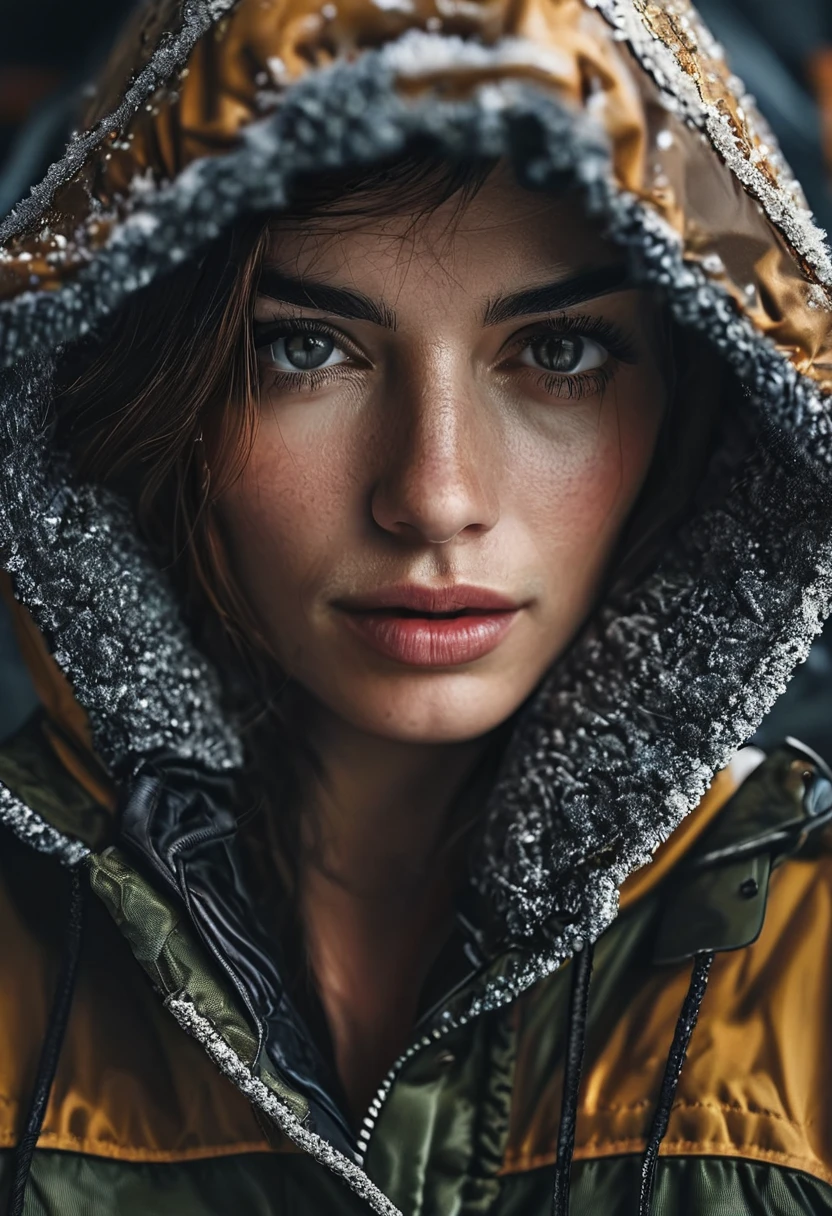 photography, cinematic, an image of a woman looking down at the camera and a jacket over her head, 
 highly detailed, very realistic  <lora:potrait-woman-chery-step00001200:0.7>