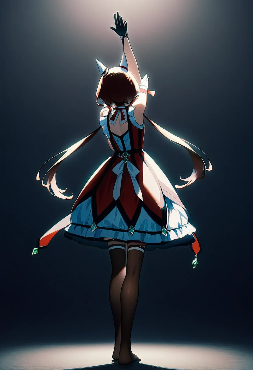 win variation \(umamusume\), red dress, standing, pose, dim light, wide shot, full body, sleeveless dress, twintails, solo, from behind, bow, striped clothes, black gloves, brown thighhighs, arm up, looking away, ear covers, no shoes, masterpiece, best quality, very aesthetic, absurdres
<lora:UmaDiffusionXL_UAF-000010:0.7>