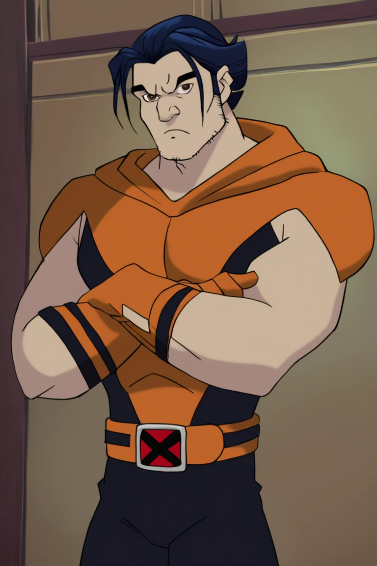 score_9, score_8_up, score_7_up, logan, wolvevosuit, 1boy, solo, male focus, mature male, short hair, dark blue hair, brown eyes, thick eyebrows, facial hair, stubble, sideburns, hood down, bodysuit, orange bodysuit, black bodysuit, two-tone bodysuit, short sleeves, orange gloves, orange footwear, belt, muscular, frown, crossed arms, looking at viewer, standing, cowboy shot, indoors, bedroom <lora:Wolverine (Logan) X-Men Evolution v1.0 LoRA_Pony XL v6:0.9>