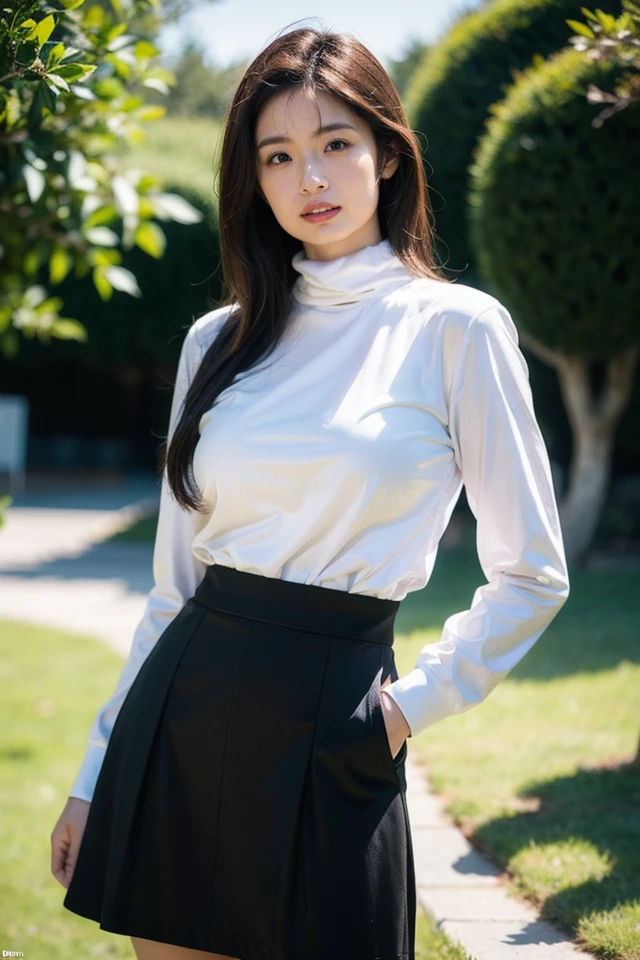 solo,1girl,smile,long hair,looking at viewer,realistic,shirt,skirt,long sleeves,black skirt,white shirt,
best quality,masterpiece,illustration,CG,unity,8k wallpaper,Amazing,finely detail,masterpiece,official art,incredibly absurdres,huge filesize,ultra-detailed,highres,extremely detailed,realistic,outdoors,turtleneck,light contrast,,<lora:Mizuki Saiba_20240523172016:0.8>