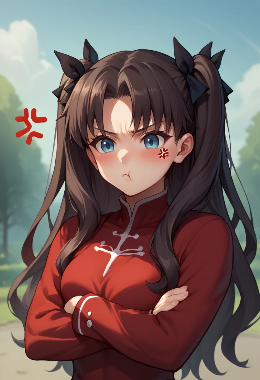 score_9, score_8_up, score_7_up, source_anime, upper body, outdoors, 1girl, pout, :t, closed mouth, <lora:Pout_XLPD:1.2>, tohsaka rin, anger vein, blush, crossed arms,