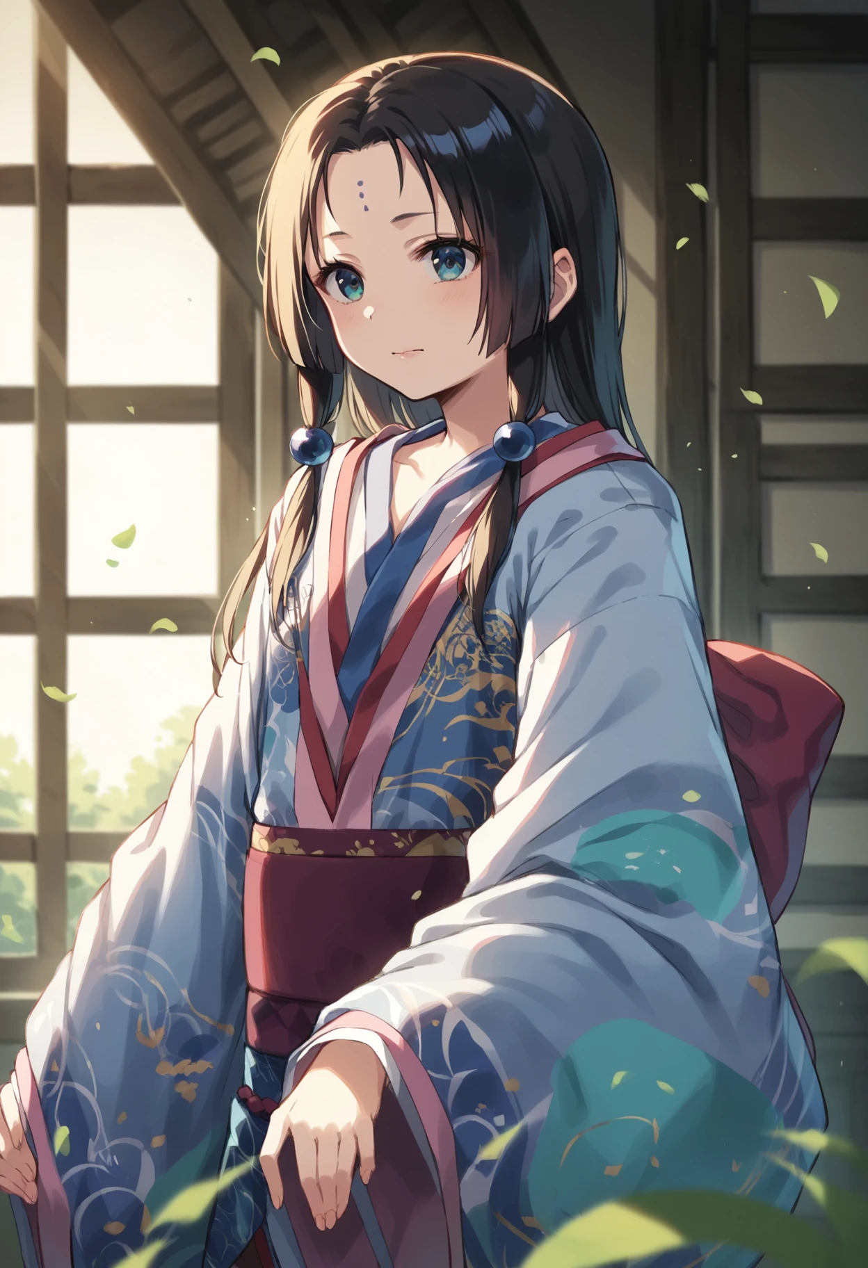 è²å, sadamitsu, 1girl, petite, skinny, hair bobbles, hair tubes, parted bangs, sidelocks, forehead mark, aerial, kimono, score_9, score_8_up, score_7_up, score_6_up, <lora:Sadamitsu-XLPony_011:1>, natural lighting, detailed background, huge filesize, incredibly absurdres, colorful, HD, masterpiece, best quality, hyper detailed, ultra detailed