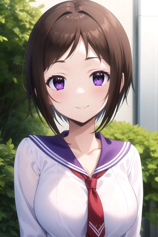 ((masterpiece)),(best quality),official art,extremely delicate and beautiful,extremely detailed CG,unity 8k wallpaper,ultra detailed,beautiful detailed eyes,extremely detailed face,outdoors,1girl,solo,upper body,(portrait:1.5),looking at viewer,facing viewer,smile,Ui Wakana,short hair,brown hair,sidelocks,parted bangs,purple eyes,collarbone,school uniform,purple sailor collar,white shirt,red necktie,short necktie,long sleeves,large breasts,purple skirt,pleated skirt,purple socks,loafers,<lora:Ui Wakana(ogsk)>,