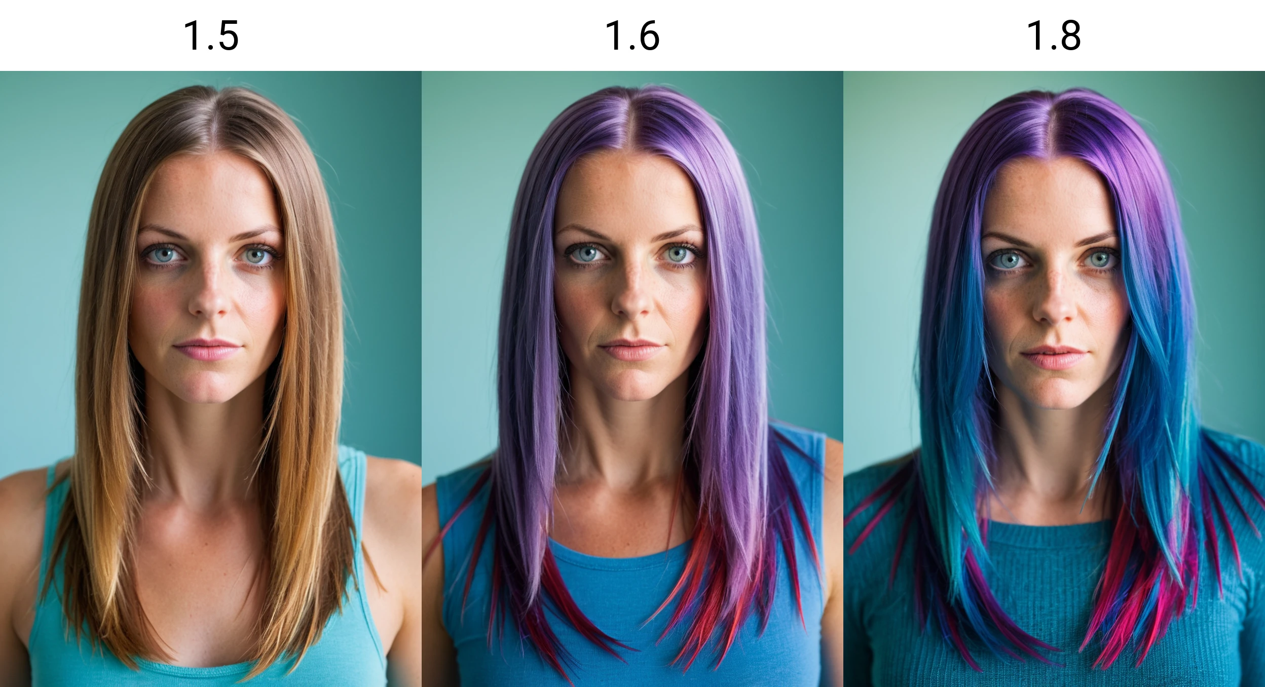 <lora:Colorful Hair Slider_alpha1.0_rank4_noxattn_last:1.5>, portrait, woman, straight hair, (((facing viewer))), looking at viewer,