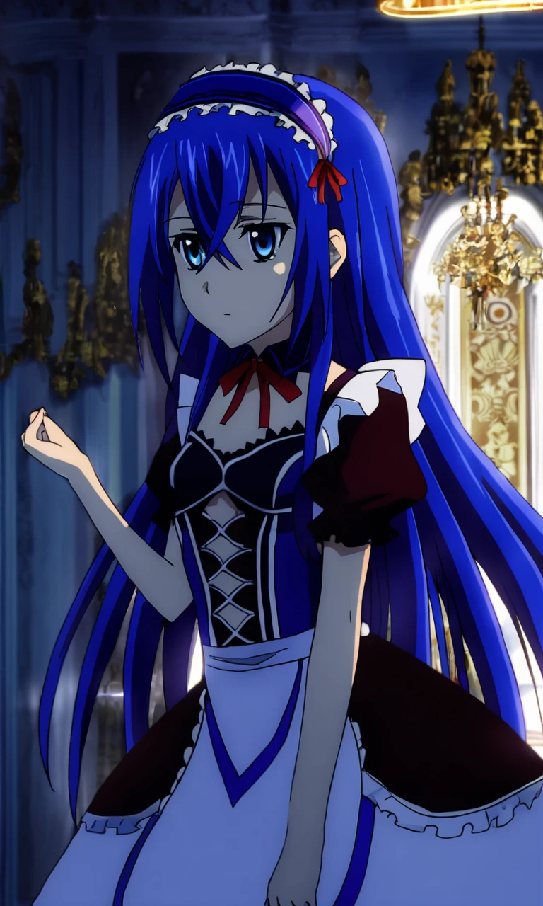 astarte\(strike the blood\),1girl,blue eyes,blue hair,straight hair,hair between eyes,long hair,small breasts,flat chested,maid dress,red ribbon, astarte\(strike the blood\),1girl,blue eyes,blue hair,straight hair,hair between eyes,long hair,small breasts,flat chested,maid dress,red ribbon, decorative background, inspirational, beautiful, naive, intricate, highly detailed, lucid, very sharp focus, ambient light, bright colors, divine, cinematic, stunning, thought