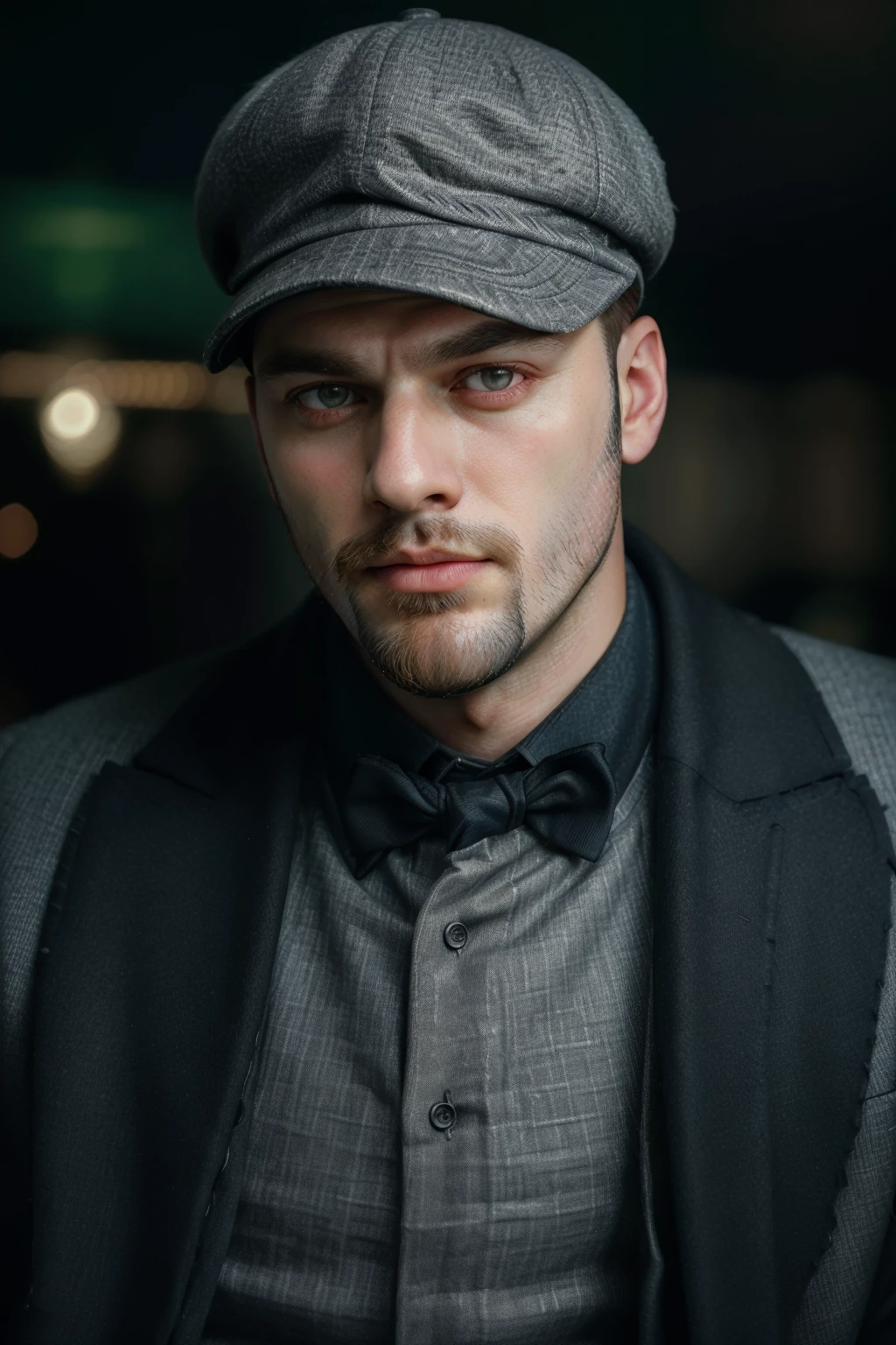 1920s Fashion, professional photo of man with beard and cap, close-up, portrait, 4k, 8k, high quality, perfect lighting, detailed face and detailed eyes, skin detail, solo focus, photography raw, (club), studio lighting, full body, looking at camera <lora:1920s-000002:0.7>, detailed eyes, pretty face, full body