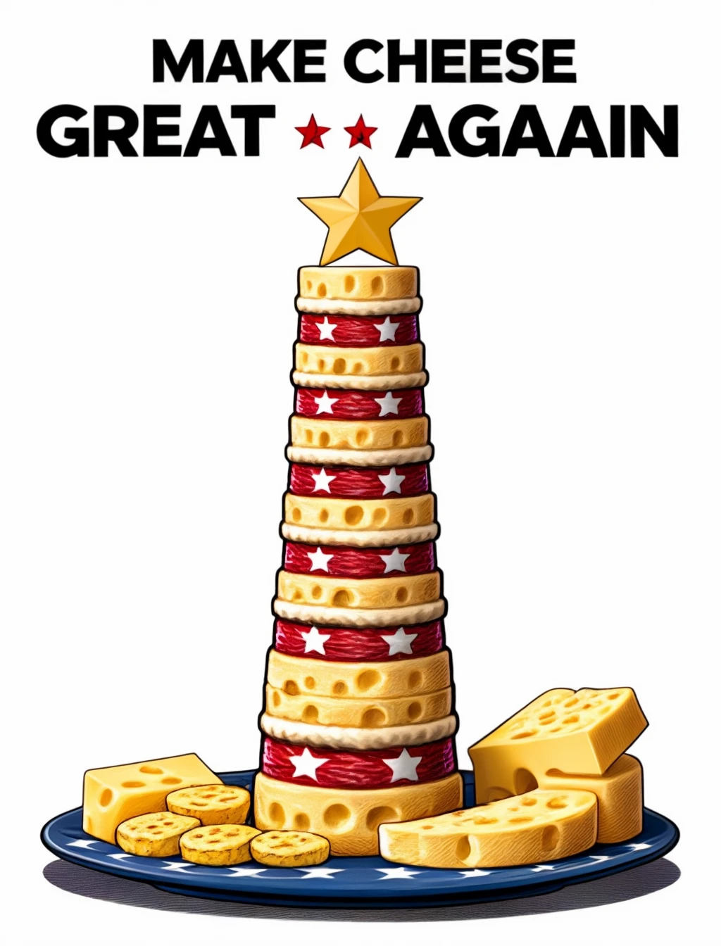 tower made of cheese with US flag, text:"make cheese great again"