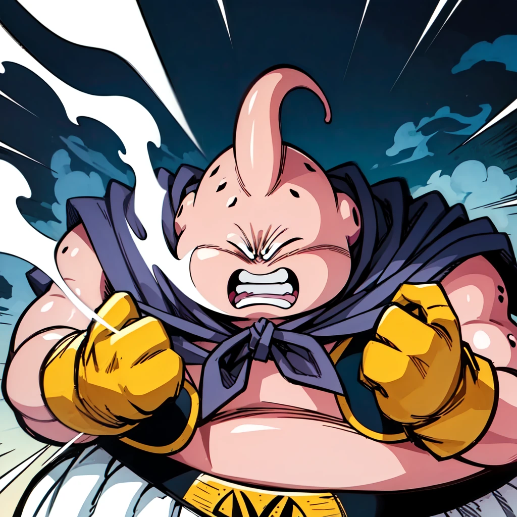 majin buu, fat buu, solo, <lora:SWRLSFatBuu:1>, angry, clenched teeth, anger fog, anger smoke