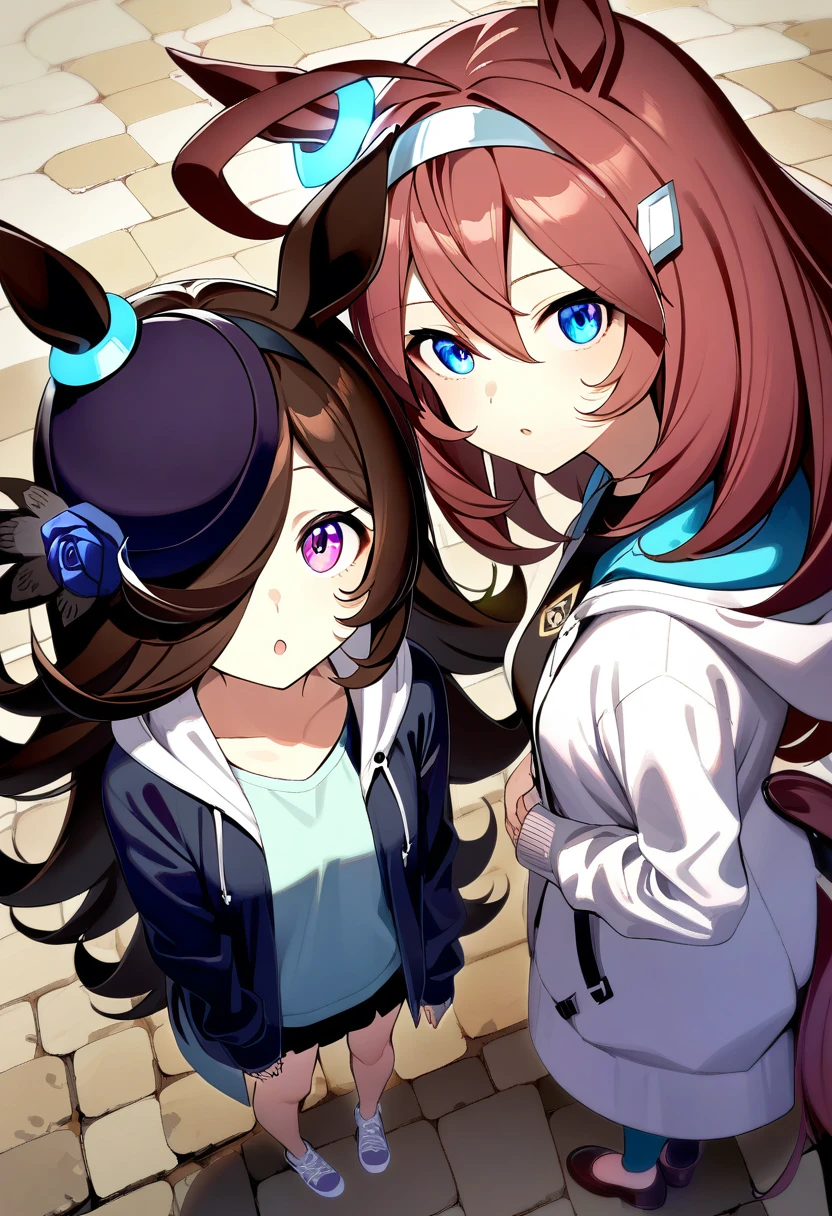 2girls, mihono bourbon \(umamusume\), rice shower \(umamusume\), casual, hooded jacket, ahoge, hairband, from above, hood down, hoodie, looking up, long sleeves, stone floor, hair over one eye, :o, looking at viewer, masterpiece, best quality, very aesthetic, absurdres
<lora:UmaDiffusionXL_UAF-000010:0.7>
