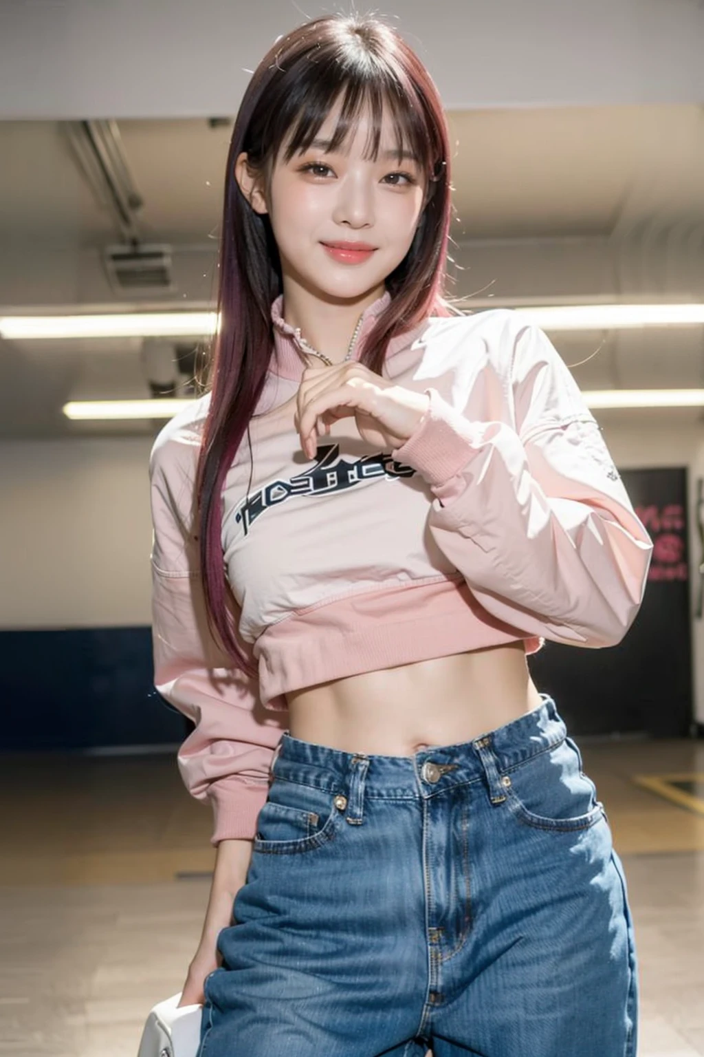masterpiece,best quality,1girl,solo,realistic,photorealistic,ultra detailed,looking to the viewer,upper body,pink hair,bangs,(closeup),indoor,dance studio,white croptop,denim pants,yellow jacket,hanni,<lora:Hanni-01:0.9>,smile,