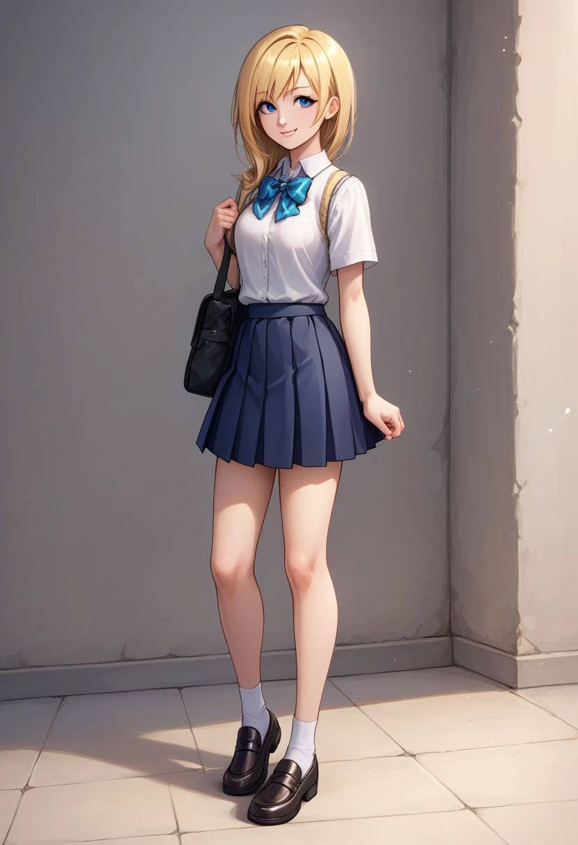 score_9, score_8_up, source_anime, highly detailed, 1girl, 
namine, 1girl, solo, blonde hair, blue eyes, smile, full body, school uniform, skirt, standing,