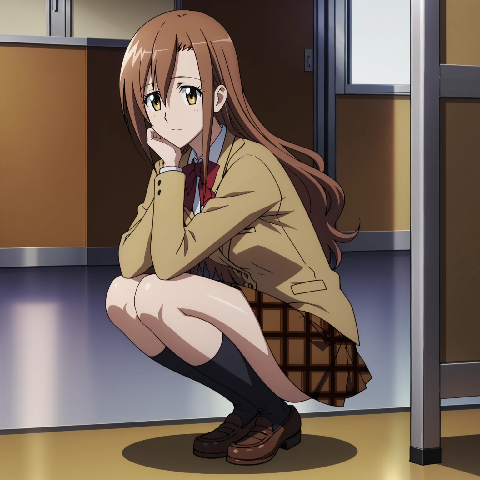 <lora:AriaShichijouXLpony001>,
solo,
AriaShichijou,1girl,brown hair,long hair,yellow eyes,
school_uniform,bowtie,
plaid skirt,
black socks,
indoors,
full body,squatting,