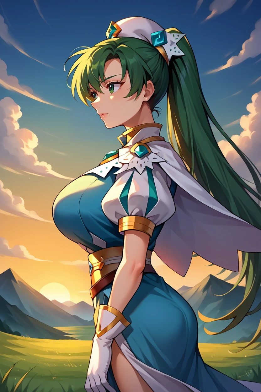 score_9, score_8_up, score_7_up, score_6_up, source_anime BREAK 1girl, solo <lora:lyn-pdxl-nvwls-v1-000005:1> respLyn, green hair, high ponytail, hat, white capelet, blue dress, side slit, puffy sleeves, white sleeves, sash, belt, white gloves, big breasts, sunset, mountains, from side